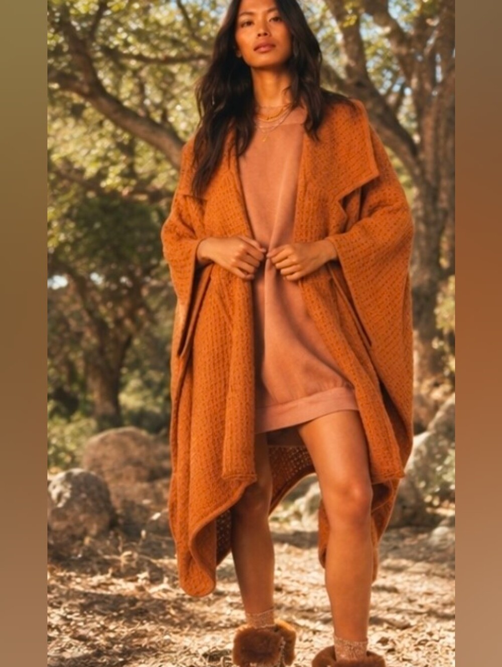 Free People X Mile High Oversized Waffle Knit Poncho In Bronze Sz One Size NIP$